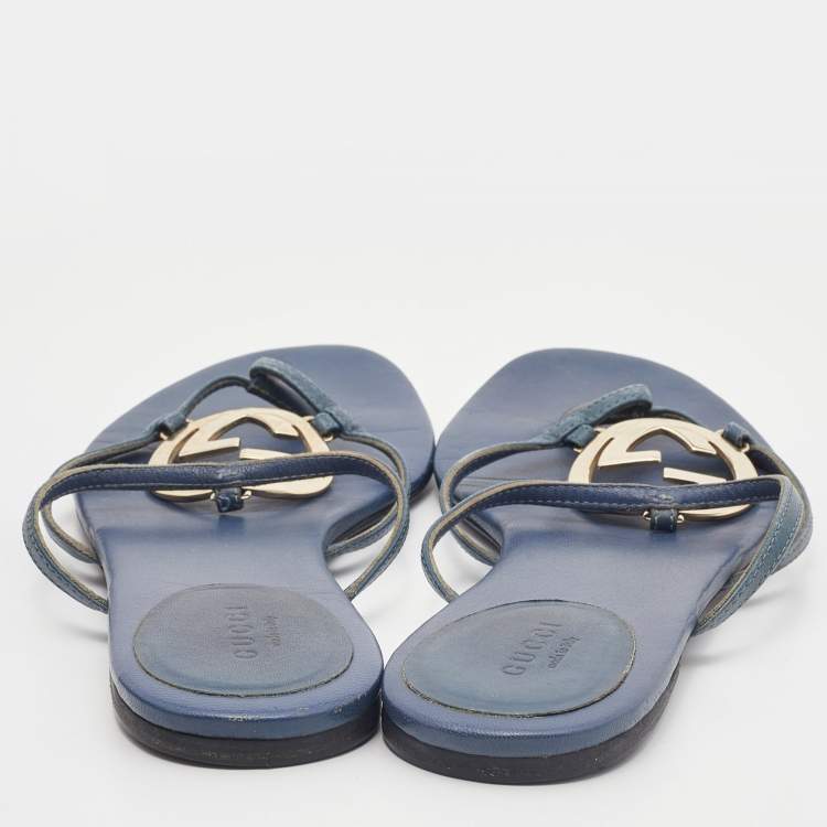 Pre Owned Gucci Blue Leather GG Cage Flat Thong Sandals Size 37