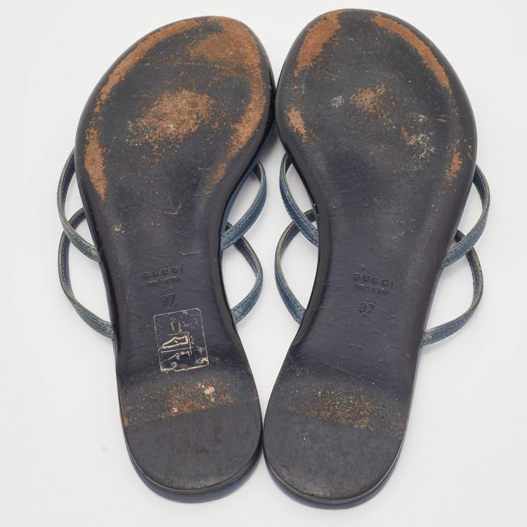 Pre Owned Gucci Blue Leather GG Cage Flat Thong Sandals Size 37