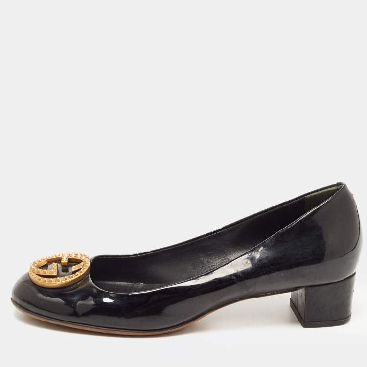 Pre Owned Gucci Black Patent Leather Studded Interlocking G Pumps Size 38
