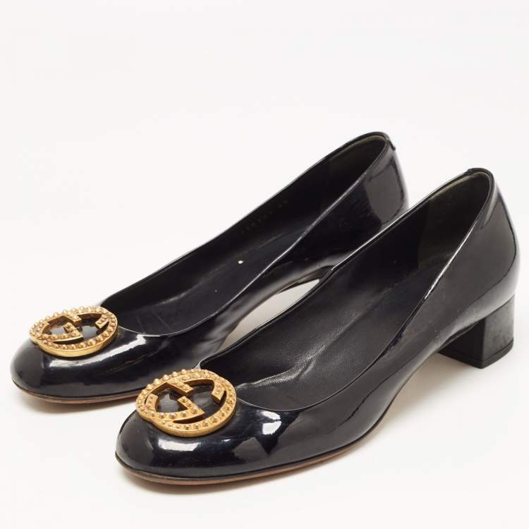Pre Owned Gucci Black Patent Leather Studded Interlocking G Pumps Size 38