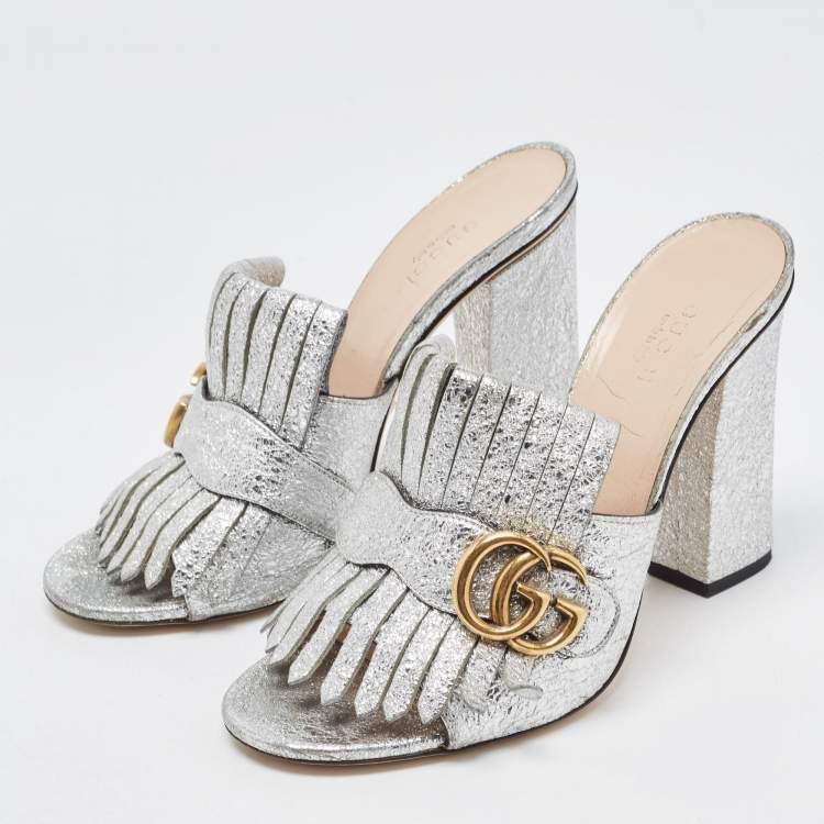 Gucci Silver Crinkled Leather GG Marmont Fringed Mules Size 37 Gucci