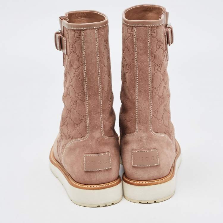 Pre Owned Gucci Beige Guccissima Suede Quercy Midcalf Boots Size 40.5