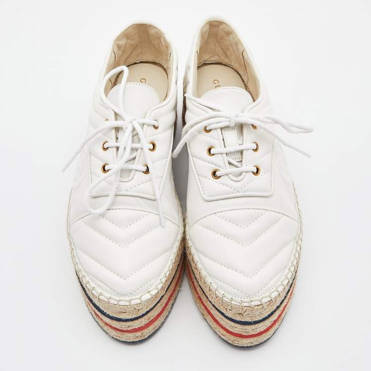 Pre Owned Gucci White Matelassé Leather Lace-Up Platform Espadrilles Size 38.5