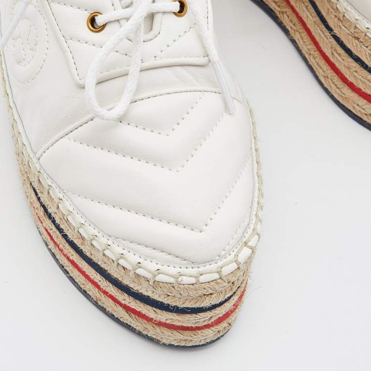 Pre Owned Gucci White Matelassé Leather Lace-Up Platform Espadrilles Size 38.5