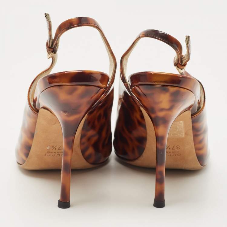 Pre Owned Gucci Two-Tone Animal Print Patent Leather Peep Toe Slingback Pumps Size 37.5