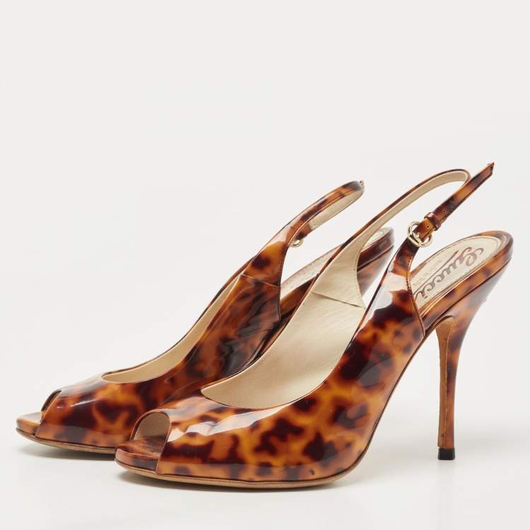 Pre Owned Gucci Two-Tone Animal Print Patent Leather Peep Toe Slingback Pumps Size 37.5