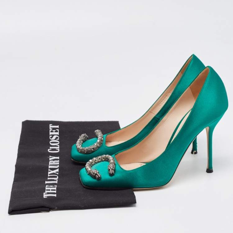 Pre Owned Gucci Green Satin Embellished Dionysus Pumps Size 37.5