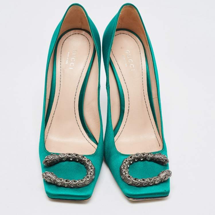Pre Owned Gucci Green Satin Embellished Dionysus Pumps Size 37.5