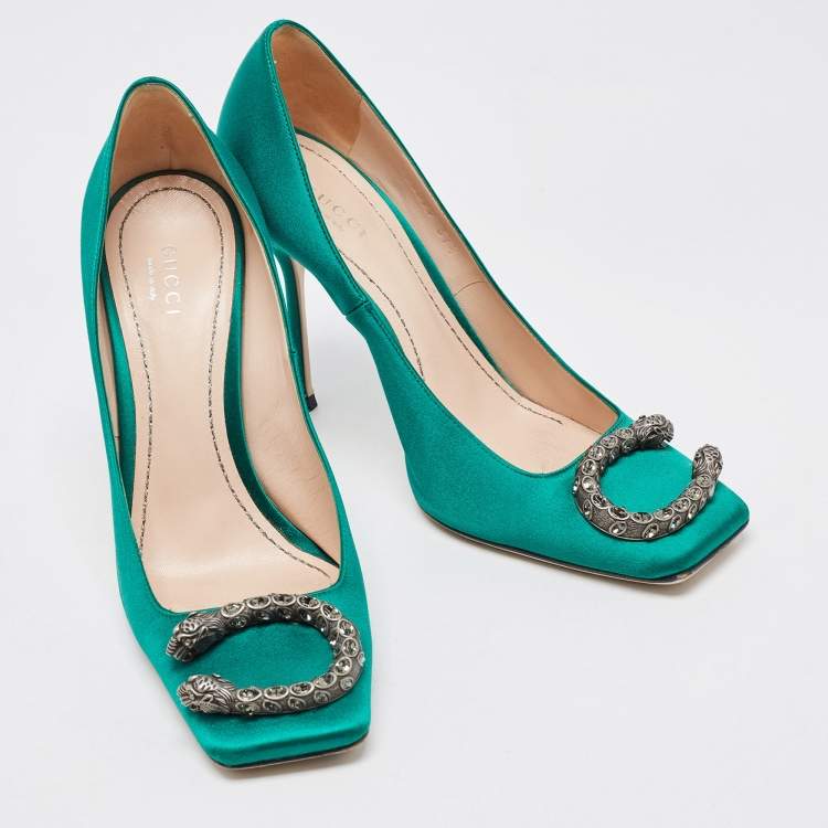 Pre Owned Gucci Green Satin Embellished Dionysus Pumps Size 37.5