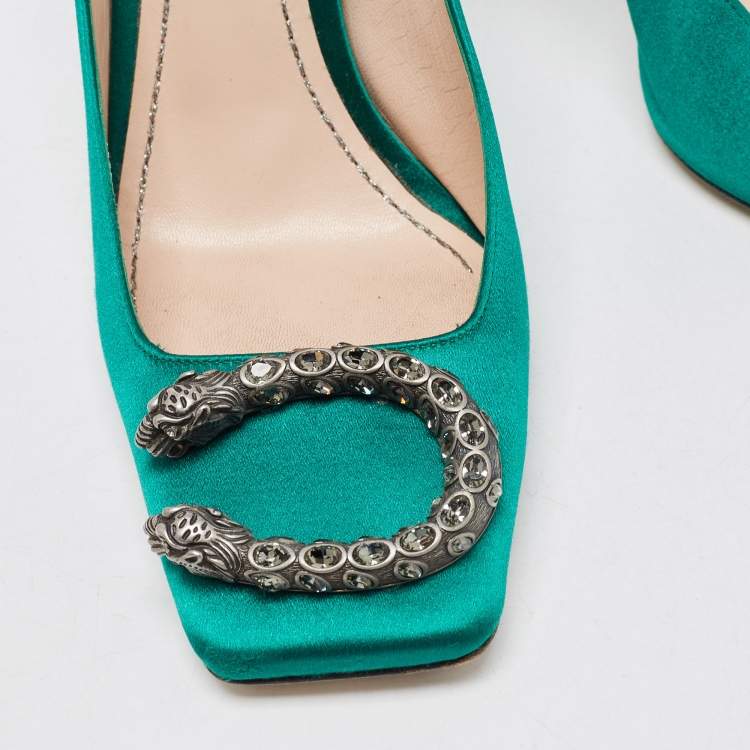 Pre Owned Gucci Green Satin Embellished Dionysus Pumps Size 37.5