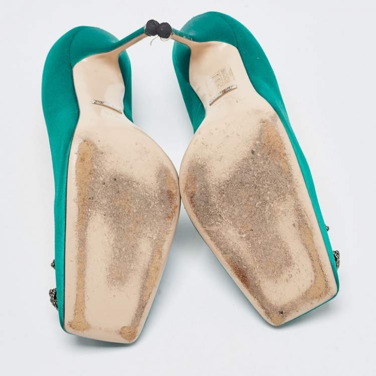 Pre Owned Gucci Green Satin Embellished Dionysus Pumps Size 37.5