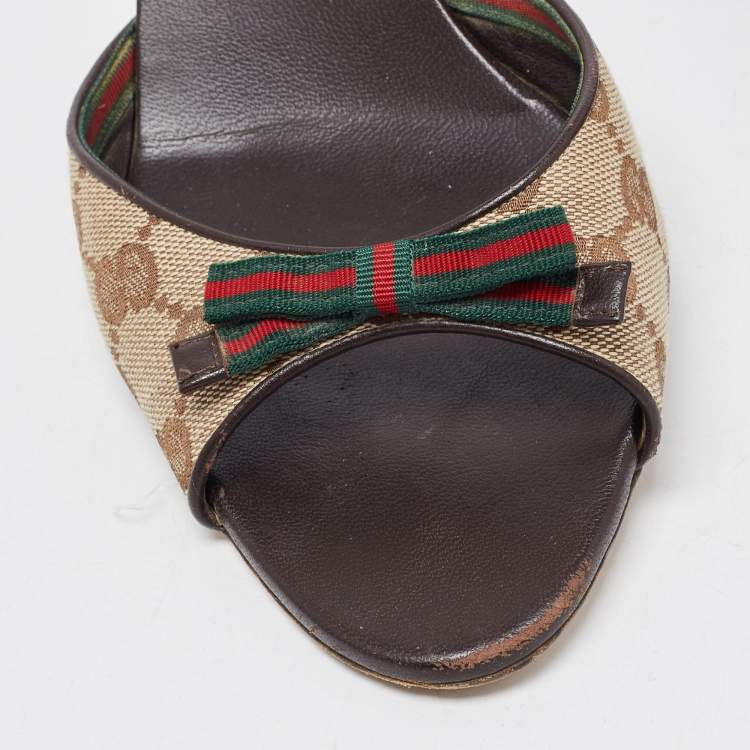 Pre Owned Gucci Beige/Brown GG Canvas Web Bow Slide Sandals Size 40.5