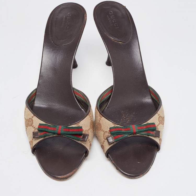 Pre Owned Gucci Beige/Brown GG Canvas Web Bow Slide Sandals Size 40.5