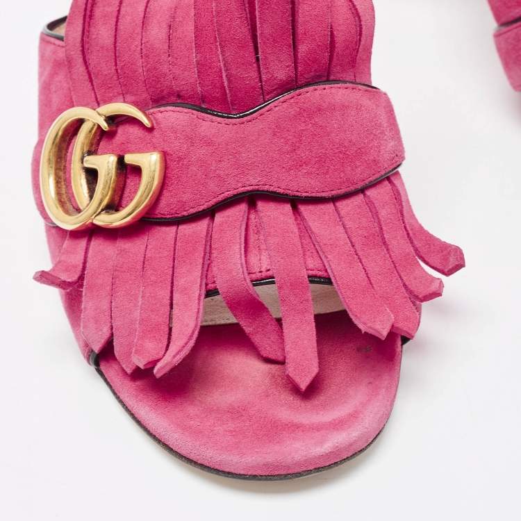 Pre Owned Gucci Pink Suede Double G Fringe Details Block Heel Slide Sandals Size 38