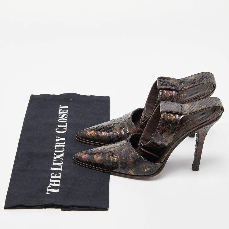 Pre Owned Gucci Brown Python Pointed Toe Ankle Strap Sandals Size 36