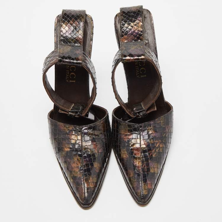 Pre Owned Gucci Brown Python Pointed Toe Ankle Strap Sandals Size 36