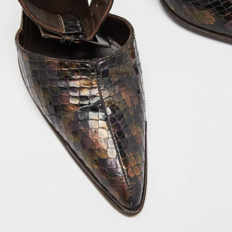 Pre Owned Gucci Brown Python Pointed Toe Ankle Strap Sandals Size 36