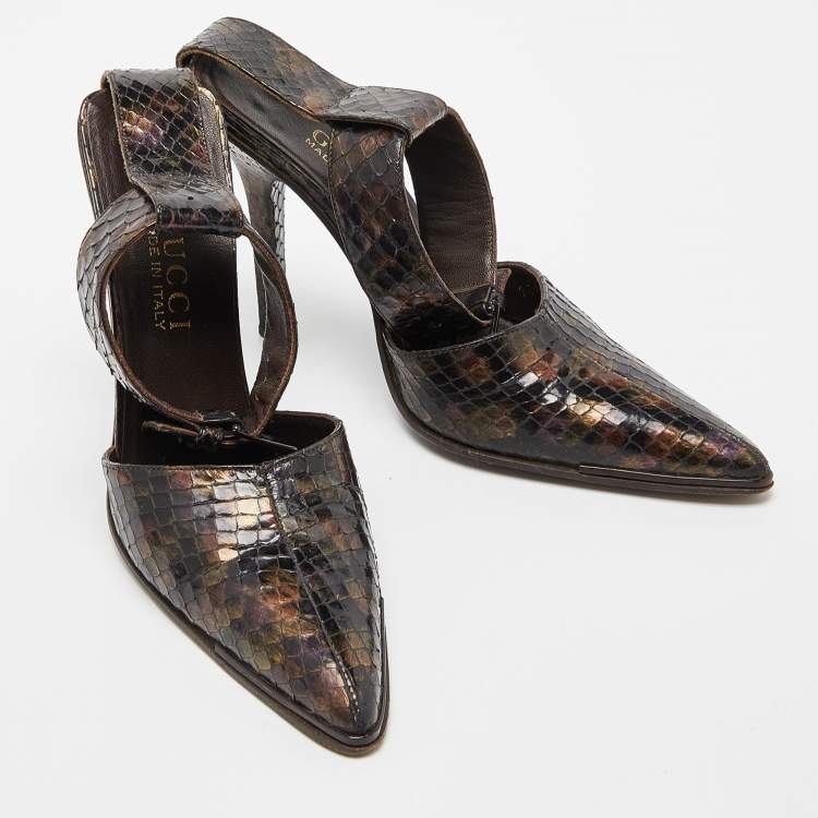 Pre Owned Gucci Brown Python Pointed Toe Ankle Strap Sandals Size 36