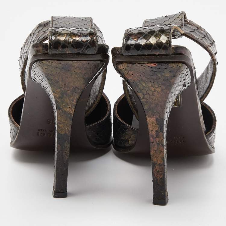 Pre Owned Gucci Brown Python Pointed Toe Ankle Strap Sandals Size 36