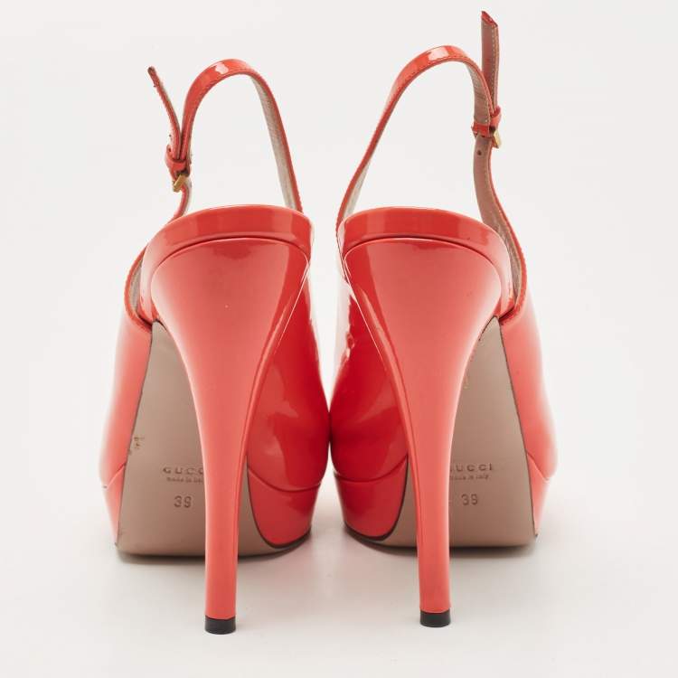 Pre Owned Gucci Orange Patent Leather Peep Toe Platform Pumps Size 39