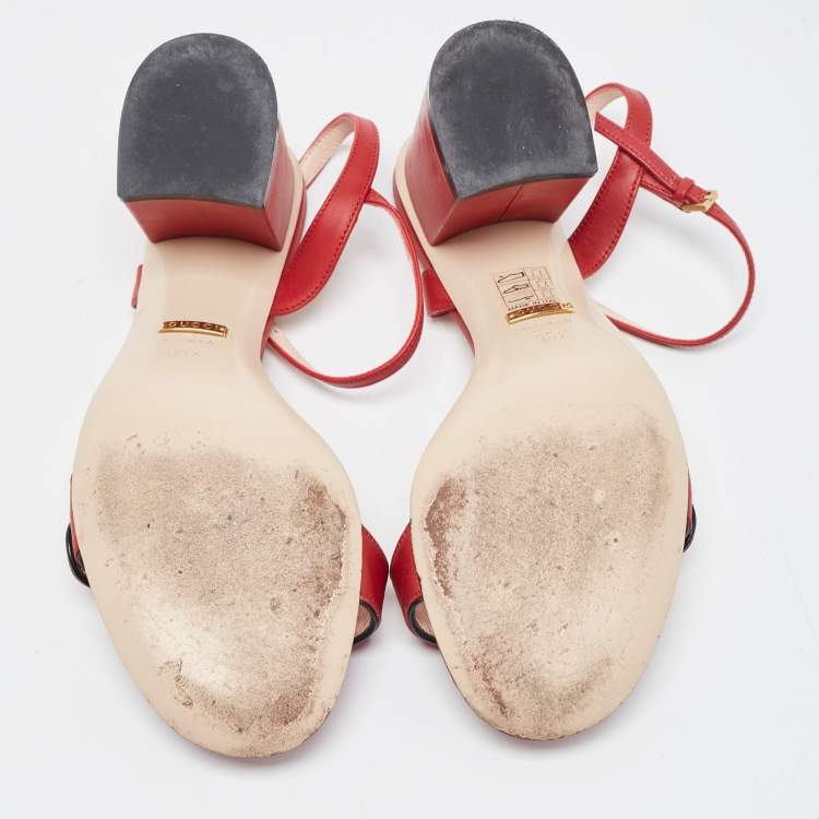 Pre Owned Gucci  Red Leather GG Marmont  Ankle Strap Sandals Size 36.5