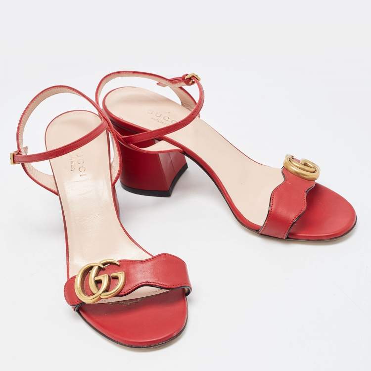 Pre Owned Gucci  Red Leather GG Marmont  Ankle Strap Sandals Size 36.5
