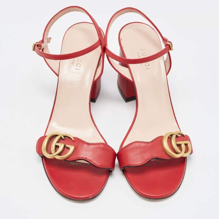 Pre Owned Gucci  Red Leather GG Marmont  Ankle Strap Sandals Size 36.5
