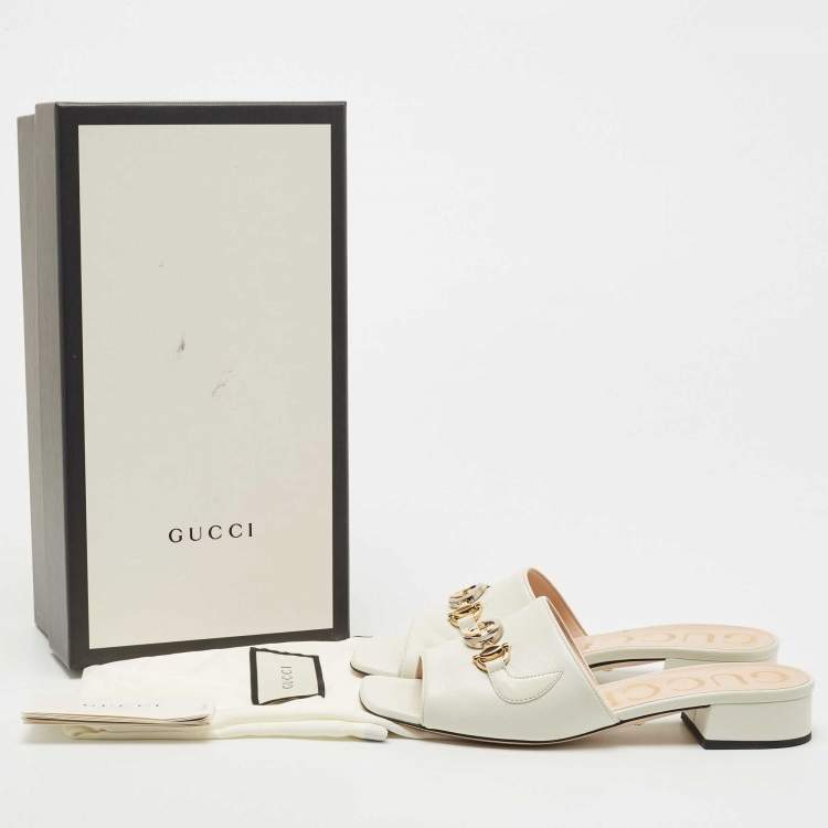 Pre Owned Gucci Cream Leather Zumi Interlocking G Horsebit Slides Size 37