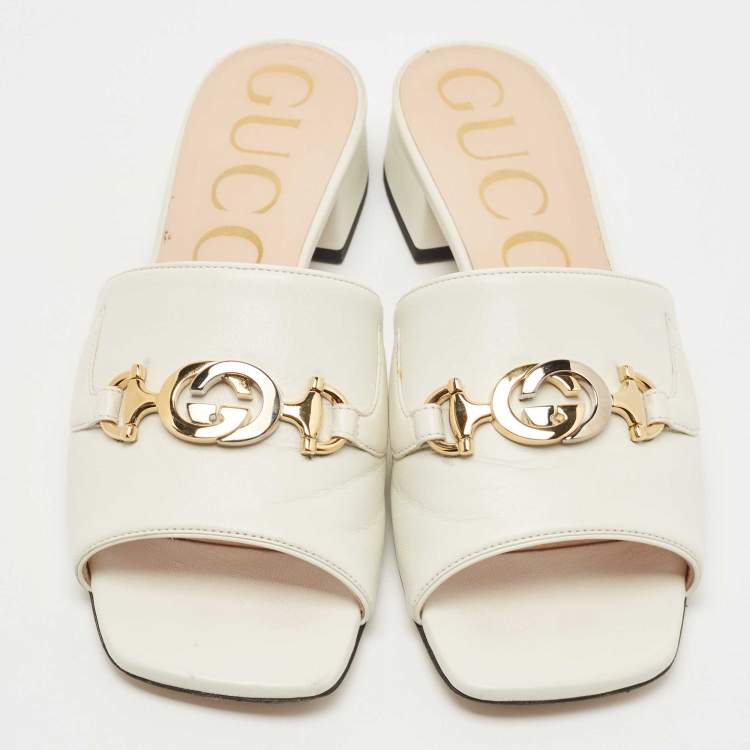Pre Owned Gucci Cream Leather Zumi Interlocking G Horsebit Slides Size 37