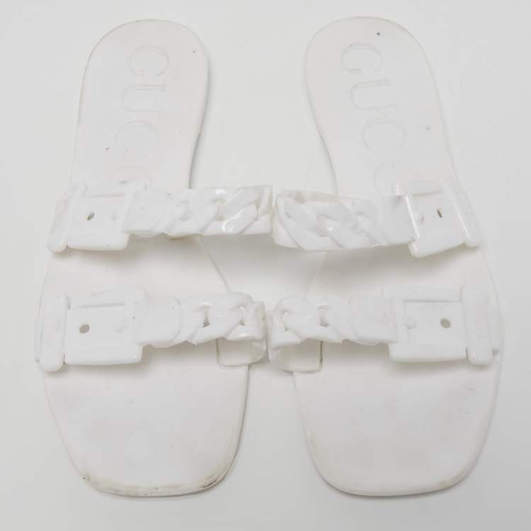 Pre Owned Gucci White Rubber Flat Slides Size 36