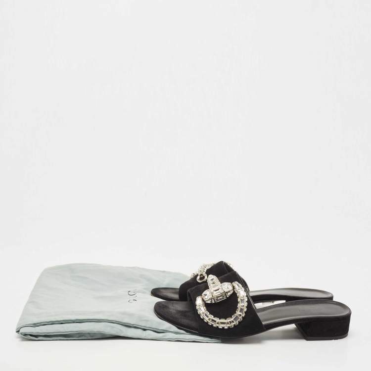 Pre Owned Gucci Black Suede Crystal Maxime Slide Sandals Size 38