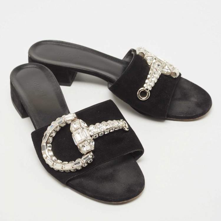 Pre Owned Gucci Black Suede Crystal Maxime Slide Sandals Size 38