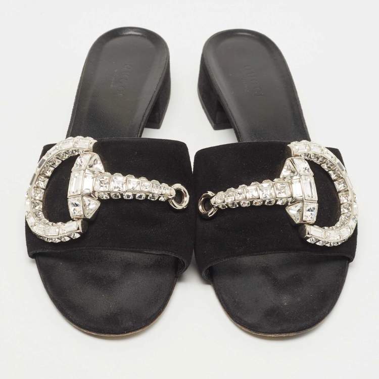 Pre Owned Gucci Black Suede Crystal Maxime Slide Sandals Size 38