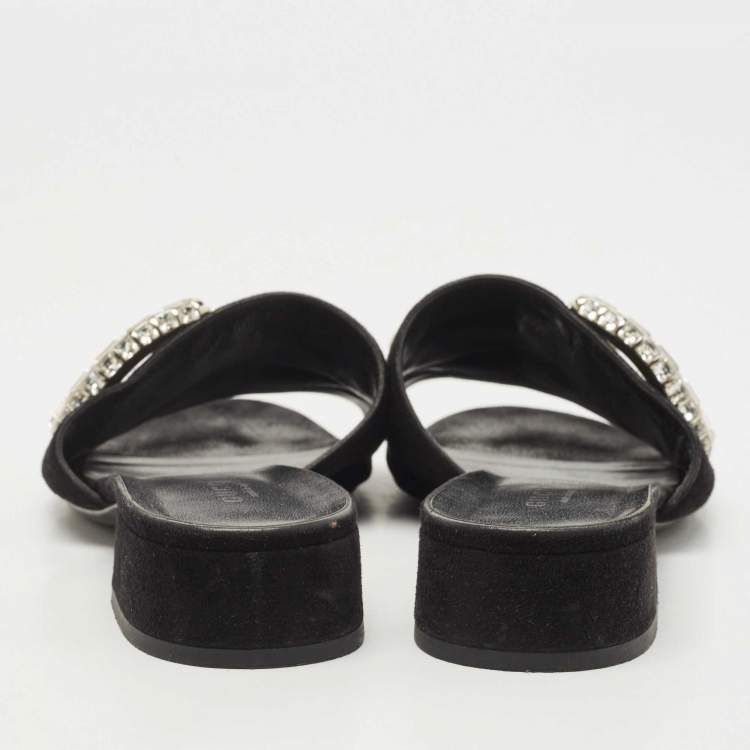 Pre Owned Gucci Black Suede Crystal Maxime Slide Sandals Size 38