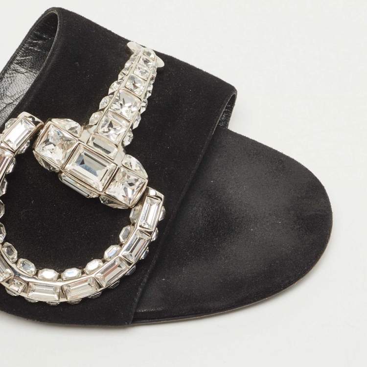 Pre Owned Gucci Black Suede Crystal Maxime Slide Sandals Size 38