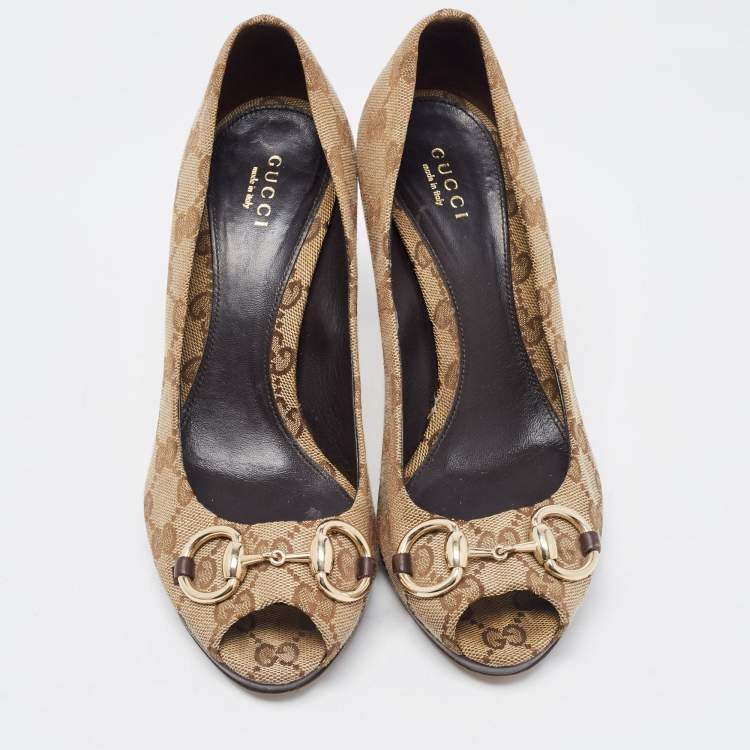 Pre Owned Gucci Beige Canvas Peep Toe Hollywood Pumps Size 37