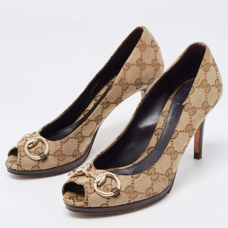 Pre Owned Gucci Beige Canvas Peep Toe Hollywood Pumps Size 37