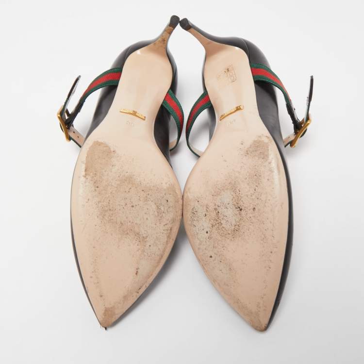 Pre Owned Gucci Black Leather Sylvie Web Buckle Mary Jane Pointed Toe Pumps Size 39