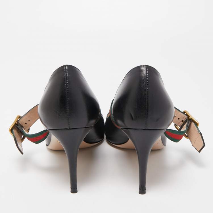 Pre Owned Gucci Black Leather Sylvie Web Buckle Mary Jane Pointed Toe Pumps Size 39