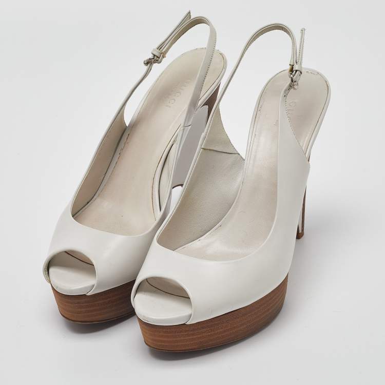 GUCCI White Wooden Platform Peep Toe Wedge Shoes with Box