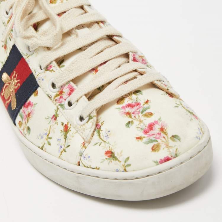 Pre Owned Gucci Cream Canvas And Leather  Flower Ace Low Top Sneakers Size 38.5