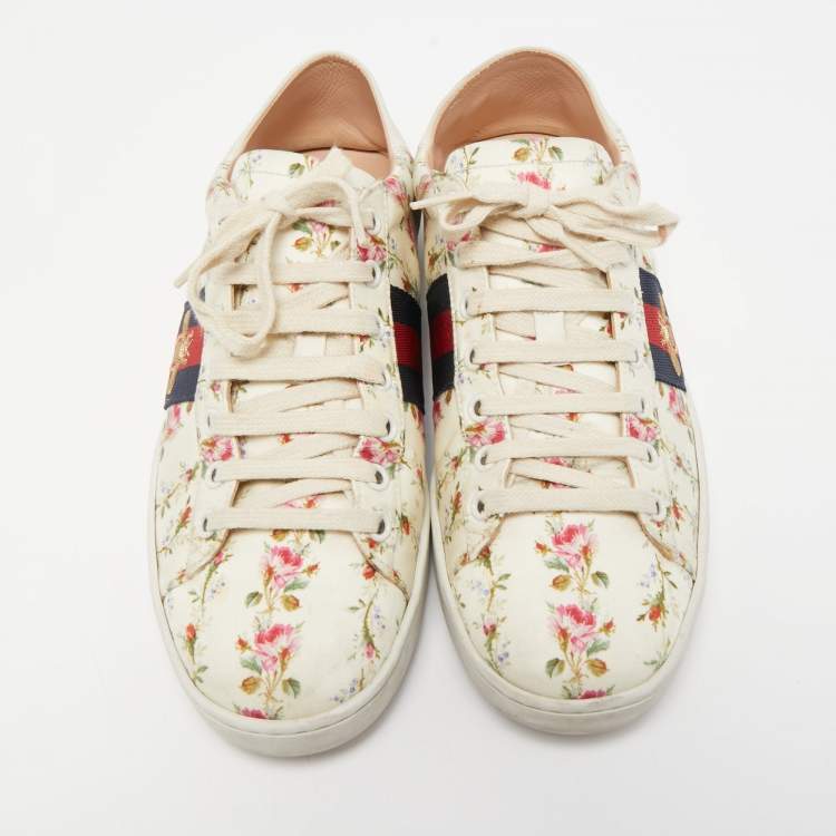 Pre Owned Gucci Cream Canvas And Leather  Flower Ace Low Top Sneakers Size 38.5