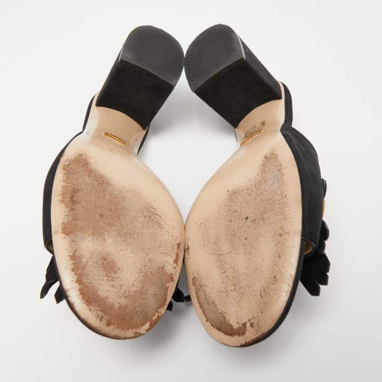 Pre Owned Gucci Black Suede Double G Block Heel Slides Size 42