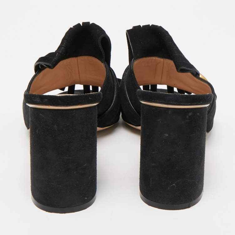 Pre Owned Gucci Black Suede Double G Block Heel Slides Size 42