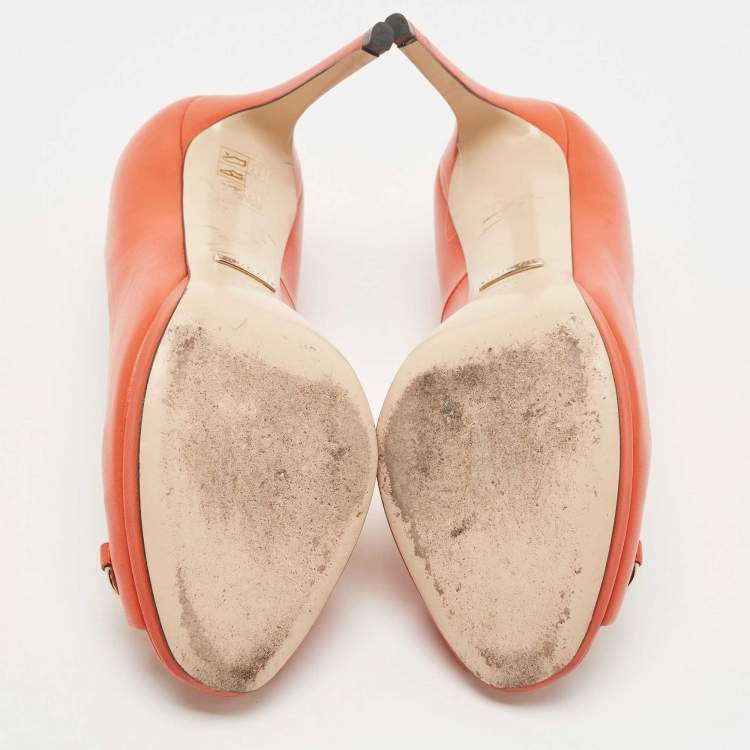 Pre Owned Gucci Orange Leather Hollywood Horsebit Peep Toe  Pumps Size 37