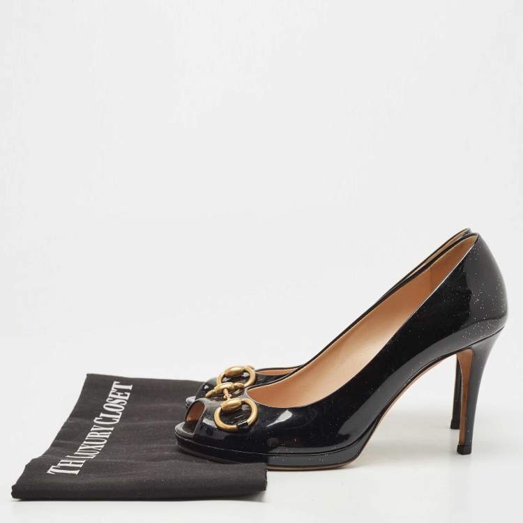 Pre Owned Gucci Black Patent Hollywood Peep Toe Pumps Size 37.5
