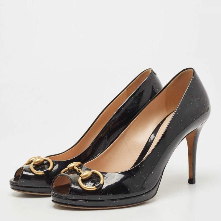 Pre Owned Gucci Black Patent Hollywood Peep Toe Pumps Size 37.5