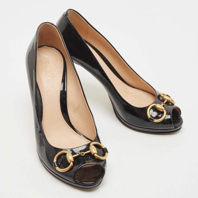 Pre Owned Gucci Black Patent Hollywood Peep Toe Pumps Size 37.5