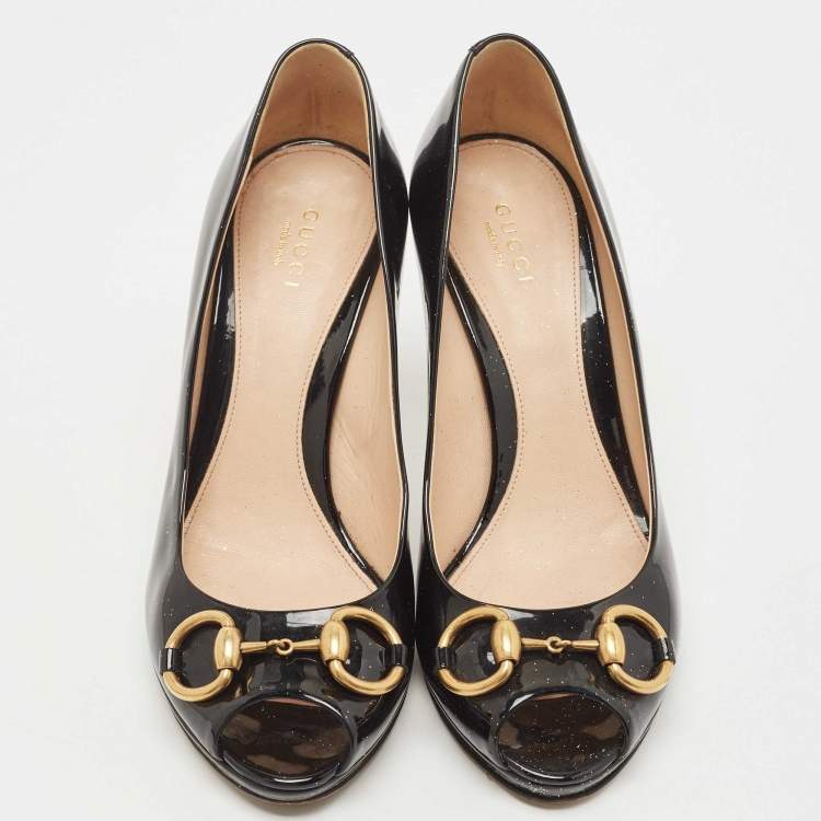 Pre Owned Gucci Black Patent Hollywood Peep Toe Pumps Size 37.5