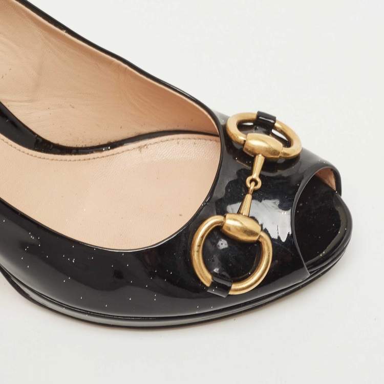 Pre Owned Gucci Black Patent Hollywood Peep Toe Pumps Size 37.5